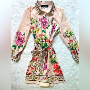 Dalia MacPhee pink multi floral mini shirt dress with belt tie